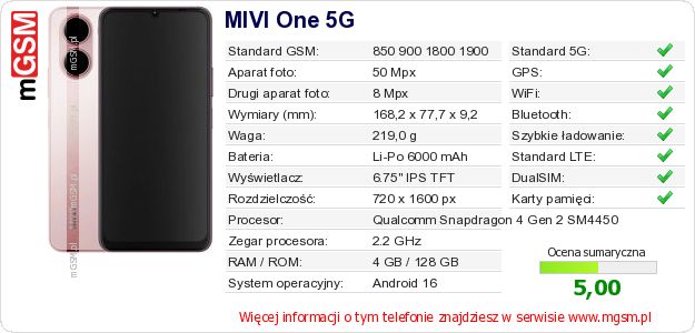 Dane telefonu MIVI One 5G Dane telefonu MIVI One 5G