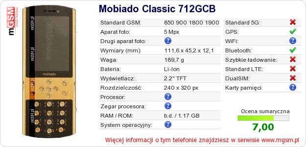 Dane telefonu Mobiado Classic 712GCB