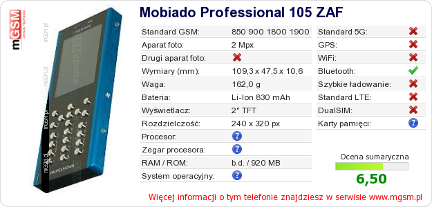 Dane telefonu Mobiado Professional 105 ZAF