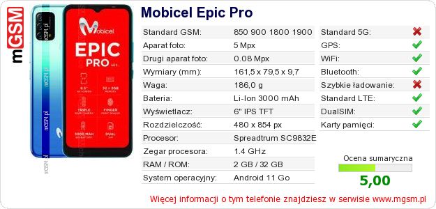 Dane telefonu Mobicel Epic Pro Dane telefonu Mobicel Epic Pro