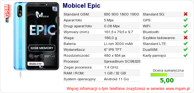 Dane telefonu Mobicel Epic