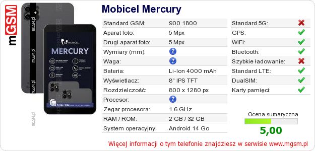Dane telefonu Mobicel Mercury