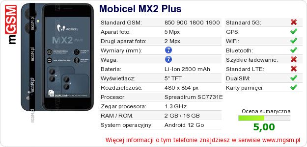 Dane telefonu Mobicel MX2 Plus Dane telefonu Mobicel MX2 Plus