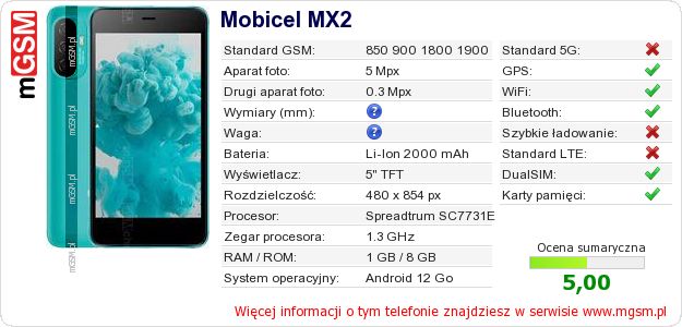 Dane telefonu Mobicel MX2 Dane telefonu Mobicel MX2