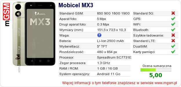 Dane telefonu Mobicel MX3 Dane telefonu Mobicel MX3