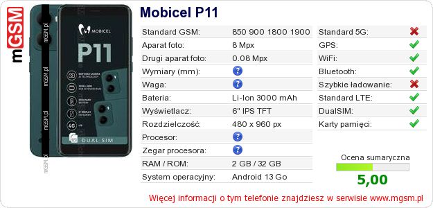 Dane telefonu Mobicel P11 Dane telefonu Mobicel P11