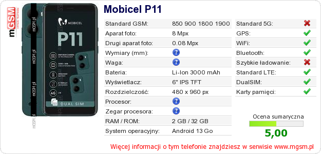 Dane telefonu Mobicel P11