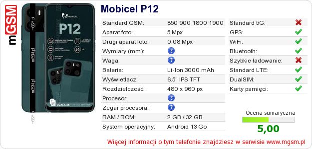Dane telefonu Mobicel P12