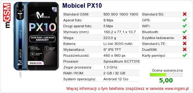 Dane telefonu Mobicel PX10