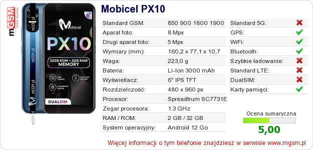 Dane telefonu Mobicel PX10 Dane telefonu Mobicel PX10