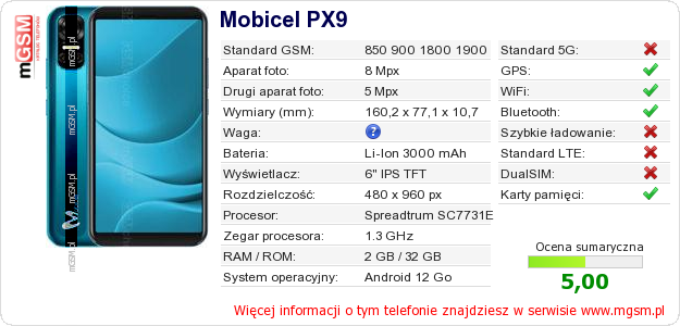 Dane telefonu Mobicel PX9