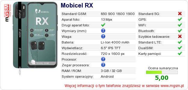 Dane telefonu Mobicel RX