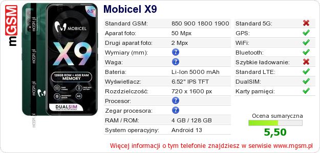 Dane telefonu Mobicel X9 Dane telefonu Mobicel X9