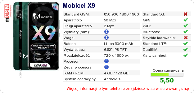 Dane telefonu Mobicel X9
