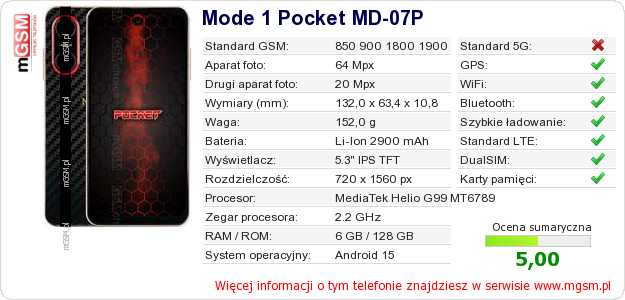 Dane telefonu Mode 1 Pocket MD-07P