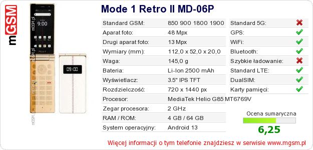 Dane telefonu Mode 1 Retro II MD-06P
