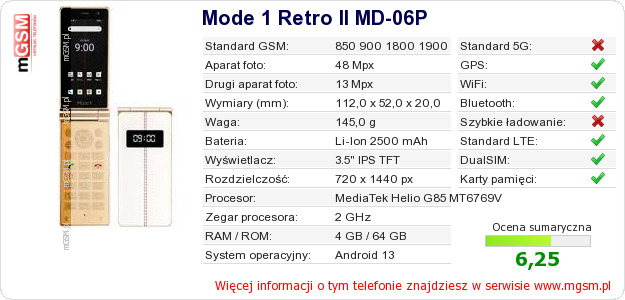 Dane telefonu Mode 1 Retro II MD-06P