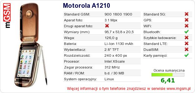 Dane telefonu Motorola A1210 Dane telefonu Motorola A1210