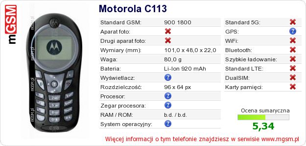 Dane telefonu Motorola C113 Dane telefonu Motorola C113