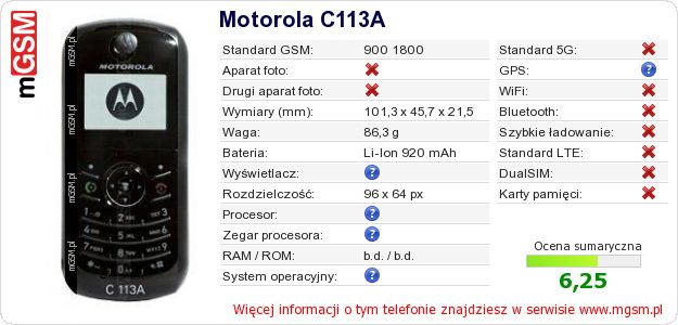 Dane telefonu Motorola C113A