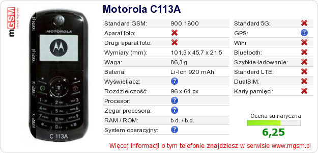 Dane telefonu Motorola C113A
