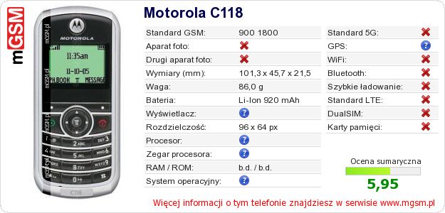 Dane telefonu Motorola C118