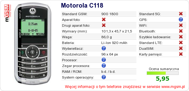 Dane telefonu Motorola C118