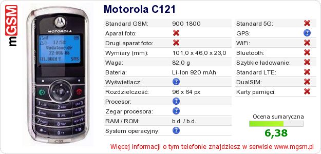 Dane telefonu Motorola C121 Dane telefonu Motorola C121