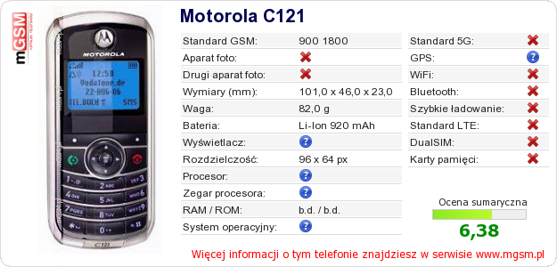 Dane telefonu Motorola C121 Dane telefonu Motorola C121
