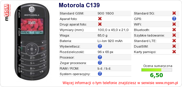 Dane telefonu Motorola C139
