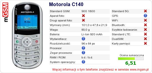 Dane telefonu Motorola C140