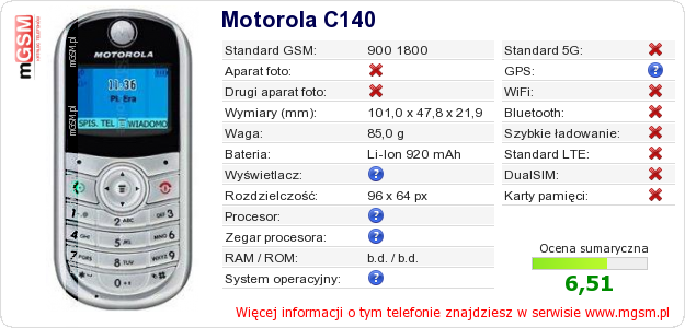 Dane telefonu Motorola C140
