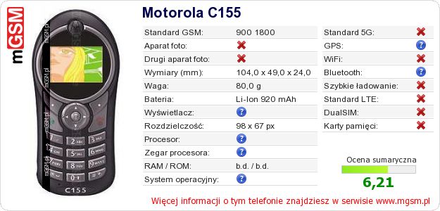 Dane telefonu Motorola C155 Dane telefonu Motorola C155