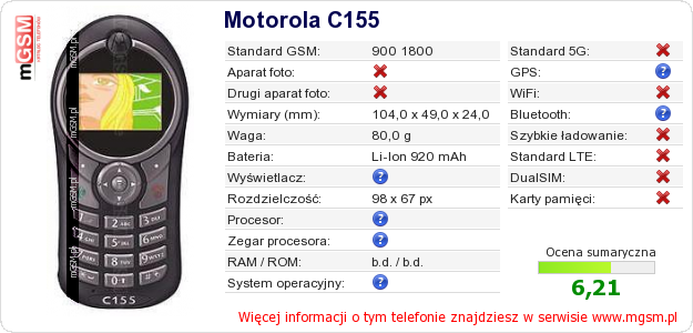 Dane telefonu Motorola C155