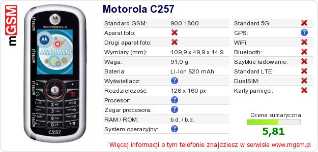 Dane telefonu Motorola C257 Dane telefonu Motorola C257