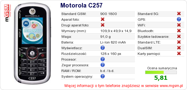 Dane telefonu Motorola C257