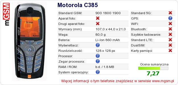 Dane telefonu Motorola C385 Dane telefonu Motorola C385