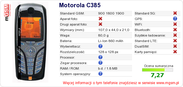Dane telefonu Motorola C385