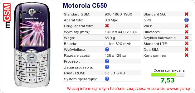 Dane telefonu Motorola C650 Dane telefonu Motorola C650
