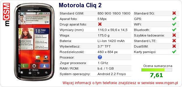 Dane telefonu Motorola Cliq 2 Dane telefonu Motorola Cliq 2