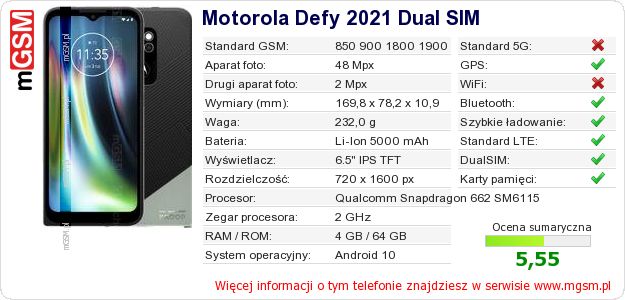 Dane telefonu Motorola Defy 2021 Dual SIM Dane telefonu Motorola Defy 2021 Dual SIM