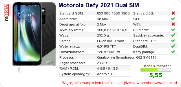 Dane telefonu Motorola Defy 2021 Dual SIM Dane telefonu Motorola Defy 2021 Dual SIM