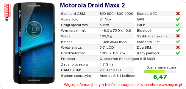 Dane telefonu Motorola Droid Maxx 2
