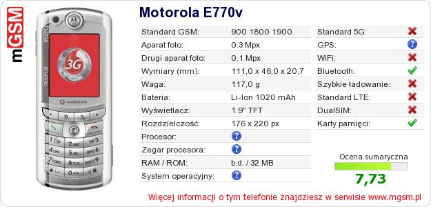 Dane telefonu Motorola E770v Dane telefonu Motorola E770v
