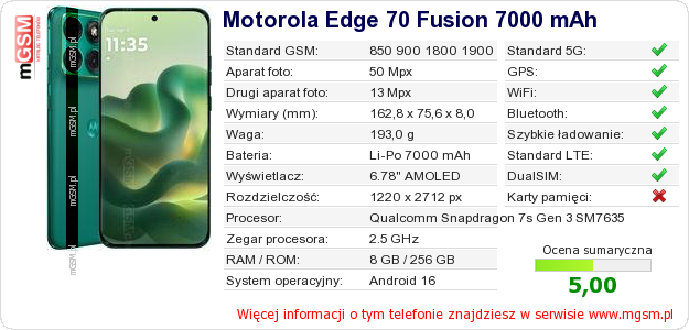 Dane telefonu Motorola Edge 70 Fusion 7000 mAh Dane telefonu Motorola Edge 70 Fusion 7000 mAh
