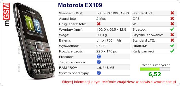 Dane telefonu Motorola EX109 Dane telefonu Motorola EX109