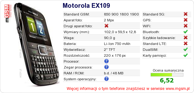 Dane telefonu Motorola EX109