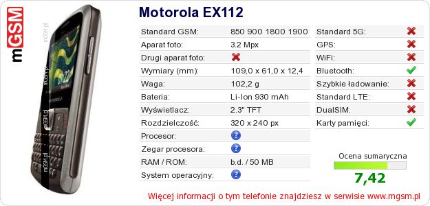 Dane telefonu Motorola EX112 Dane telefonu Motorola EX112