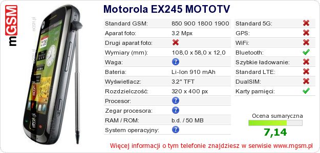 Dane telefonu Motorola EX245 MOTOTV Dane telefonu Motorola EX245 MOTOTV