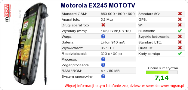Dane telefonu Motorola EX245 MOTOTV